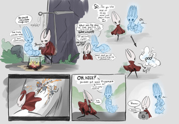 anthro battle biped black_body buzzsaw campfire clothing detailed_background dialogue duo embarrassed female grilling holding_melee_weapon holding_object holding_weapon horn hornet's_needle killing makeshift_furniture male melee_weapon moss plant poof_effect proud red_clothing roasted_food sliced slicing speech_bubble teasing text thought_bubble weapon lizbot hollow_knight_(franchise) team_cherry hornet_(hollow_knight) pale_king_(hollow_knight) arachnid arthropod ghost insect scalie spider spirit worm 2022 absurd_res comic english_text hi_res daughter_(lore) father_(lore) father_and_child_(lore) father_and_daughter_(lore) parent_(lore) parent_and_child_(lore) parent_and_daughter_(lore)