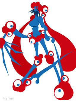 alternate_species blue_body blue_eyes breasts female long_arms long_legs looking_at_viewer medium_breasts multi_eye navel nipples not_furry pseudo_hair red_eyes simple_background solo text white_background wide_hips hylran expo_2025_japan calne_ca myaku-myaku eye_creature humanoid 2025 3:4 absurd_res artist_name digital_drawing_(artwork) digital_media_(artwork) flat_colors full-length_portrait hi_res portrait