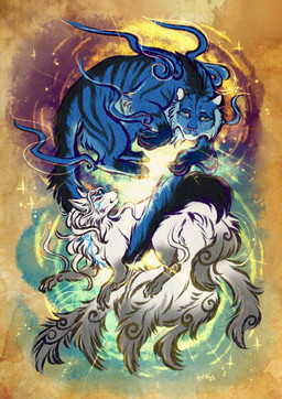 duo female feral male male/female text thehavanawolf capcom okami_(capcom) canid canine canis felid mammal pantherine tiger wolf absurd_res hi_res japanese_text