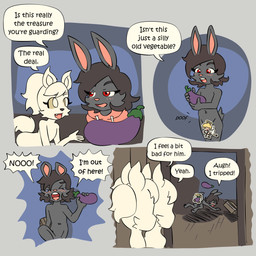anthro black_eyebrows black_hair black_nose blush blush_lines bodily_fluids censored_genitalia censored_penis chest_(container) clothing creative_censorship cute_fangs dialogue drawstring_hoodie eggplant embarrassed eyebrows eyelashes eyes_closed falling fangs feathered_wings feathers female food fruit fur grey_body grey_fur grey_tail group hair halo holding_food holding_object hoodie male navel no_pupils nude onomatopoeia open_mouth open_smile pink_clothing pink_hoodie pink_nose pink_topwear plant rabbit_ears red_eyes scut_tail short_tail smile sound_effects speech_bubble tail talking_to_another tan_sclera tears tears_of_embarrassment teeth text topwear trio white_body white_eyes white_hair white_tail wings yelling young young_anthro young_female young_male bisonvega bunny_boy_(bisonvega) angel angel_humanoid canid ghost humanoid lagomorph leporid mammal rabbit spirit 1:1 2025 censored comic english_text hi_res