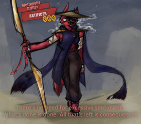 anthro asian_conical_hat bandage blade bladed_weapon clothed clothing eye_scar facial_scar female fur glave hat headgear headwear holding_object holding_weapon looking_at_viewer melee_weapon red_body scar scars_all_over shoulder_pads simple_background smoke solo tail text torn_ear weapon alexleviafan limbus_company project_moon rain_world videocult artificer_(rain_world) felid mammal slugcat digital_media_(artwork) english_text