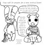 animate_inanimate anthro anus blush bow_(feature) bow_tie clothed clothing clothing_lift dialogue domestic_pig dress dress_lift duo english_text female flaccid genitals jewelry lagomorph leporid living_plushie looking_at_viewer male mammal monochrome mr._bun-bun_(toybox_pals) mrs._pig_(toybox_pals) necklace penis plushie plushophilia pubes pussy rabbit sex_education smile suid suina sus_(pig) text the_weaver toybox_pals