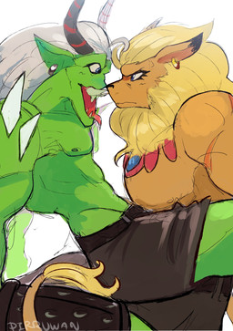2_horns anthro duo ear_piercing green_body green_skin hair horn male mane open_mouth piercing pointy_ears sharp_teeth teeth tongue tongue_out white_hair pirruwan bandai_namco digimon digimon_(species) humanoid leomon ogremon 1:1 absurd_res hi_res