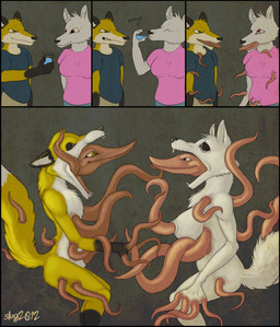 animal_genitalia anthro beverage breasts clothing container cup duo female food genitals male mutation nightmare_fuel nude parasite sheath tail tentacles transformation water what oddbird annelid canid canine canis fox mammal tentacle_creature wolf worm hi_res