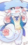 anthro bed bedding bedding_background big_pawpads blue_body blue_clothing blue_eyes blue_fur blue_markings blue_shirt blue_topwear blush bodily_fluids bottomless cheek_tuft clothed clothing dakimakura dipstick_ears drooling ear_markings facial_tuft fangs female fur furniture genitals high-angle_view kemono lying markings multicolored_body multicolored_ears multicolored_fur necktie on_back on_bed open_mouth partially_clothed pawpads paws pink_pawpads pussy saliva shirt solo tail teeth tongue topwear tuft two_tone_body two_tone_fur white_body white_fur ras_soy palworld palworld!_more_than_just_pals pocketpair chillet_(palworld!_more_than_just_pals) chillet mammal mustelid pal_(species) 2024 5:8 absurd_res dakimakura_design digital_media_(artwork) full-length_portrait hi_res portrait signature