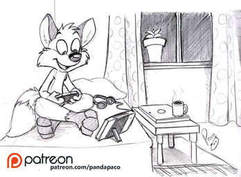 anthro bed cheek_tuft container cup dipstick_tail electronics facial_tuft furniture gaming head_tuft headphones leg_markings logo male markings mug nude open_mouth open_smile patreon_logo plant plant_pot playing_video_game potted_plant sitting smile socks_(marking) solo table tail tail_markings text tuft window young young_anthro young_male pandapaco nintendo nintendo_switch patreon canid canine mammal artist_logo signature spot_color url