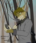 anthro brown_hair clothing compass green_eyes hair hunting jacket male rifle_sling solo topwear winter commandercross eric_cross canid canine canis coyote mammal hi_res