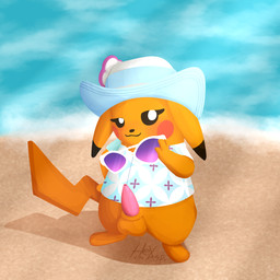 animal_genitalia balls beach bottomless clothed clothing erection eyewear femboy feral genitals glasses hat headgear headwear holding_eyewear holding_glasses holding_object looking_at_viewer male penis sand sheath solo standing sunglasses tail tapering_penis water hexaspectic nintendo pokemon mr._windychu generation_1_pokemon pikachu pokemon_(species) 1:1 2026 digital_media_(artwork) hi_res