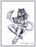 anthro border breasts clothing container cup ear_piercing female fluffy fluffy_tail holding_container holding_cup holding_object piercing shin_guards solo tail white_border kekpafrany degu mammal octodontid rodent 2013 hi_res monochrome traditional_media_(artwork)