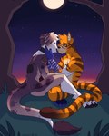 anthro blue_body blue_fur collar duo eyewear fur glasses holding_arm holding_face male male/male night orange_body orange_fur plant romantic romantic_couple stripes sunset tree wearing_glasses casparr avrus theo_(skyshadow382) hybrid sergal 4:5 hi_res