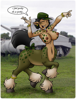 5_fingers accessory anklet armored_vehicle bare_breasts big_breasts black_hair black_tail blurred_background border bow_(feature) bow_accessory bow_ribbon bracelet breasts casemate clothing ear_piercing eyes_closed female fetlocks fingers front_view fur furgonomics grass green_body green_fur green_skin hair hat headgear headwear hooves humanoid_pointy_ears jewelry light_body light_skin machine markings multicolored_body multicolored_fur multicolored_skin necklace nipples open_mouth outside patrol_cap photo_background piercing pink_nipples plant pointy_ears polka_dots raised_tail real ribbons side_view singing smile solo speech_bubble spots spotted_body spotted_fur spotted_skin tail tail_accessory tail_bow tail_ribbon tan_body tan_skin tank_(vehicle) text three-quarter_view tracked_vehicle turret two_tone_body two_tone_skin vector vehicle white_body white_border white_fur naga_(artist) european_mythology greek_mythology m3_lee mythology centaur equid equid_taur humanoid_taur mammal mammal_taur taur digital_media_(artwork) english_text mixed_media photography_(artwork)