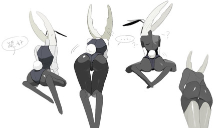 2_horns anthro biped black_body blush blush_lines bodily_fluids bunny_costume butt butt_focus clothing costume crossgender embarrassed fake_ears fake_rabbit_ears female glistening glistening_butt hollow_eyes horn legwear looking_at_viewer looking_back looking_back_at_viewer low-angle_view presenting presenting_hindquarters question_mark rear_view simple_background sitting solo speech_bubble standing sweat sweatdrop text white_background white_face milktea25424633 hollow_knight_(franchise) team_cherry pure_vessel_(hollow_knight) arthropod insect vessel_(species) chinese_description chinese_text digital_drawing_(artwork) digital_media_(artwork) multiple_images shaded translation_request nonbinary_(lore)