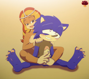 anthro balls bite biting_lip biting_own_lip blue_body blue_fur bottomless breasts clothed clothing duo erection feet female fingers foot_fetish foot_play footjob fur genitals hair half-closed_eyes humanoid_genitalia humanoid_penis looking_pleasured male male/female narrowed_eyes nude open_mouth pawpads penile penis plantigrade self_bite sex shirt shirt_only simple_background sitting smile soles spread_legs spreading teeth toes topwear topwear_only two-footed_footjob ladycherrybomba sega sonic_the_hedgehog_(series) sonic_the_hedgehog eulipotyphlan haplorhine hedgehog mammal monkey primate digital_media_(artwork) hi_res