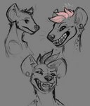 ambiguous_gender anthro ear_piercing facial_spots fangs fur gauged_ear glistening glistening_eyes hair markings mouth_closed narrowed_eyes open_mouth piercing pink_hair short_hair simple_background solo spots spotted_body spotted_face spotted_fur spotted_neck teeth tongue unsigned acidic hyena mammal sketch_page spot_color