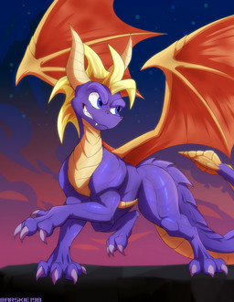 2_horns back_wings claws feral frill_(anatomy) grin horn looking_aside male membrane_(anatomy) membranous_frill membranous_wings muscular muscular_feral muscular_male muscular_thighs night outside purple_body purple_eyes purple_scales quadruped scales smile solo spiked_tail spikes spikes_(anatomy) tail tan_body tan_scales teeth wings arskie198 activision european_mythology mythology spyro_a_realm_beyond spyro_the_dragon spyro dragon mythological_creature mythological_scalie scalie western_dragon 2026 hi_res