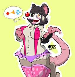 anthro bangs big_breasts blush breasts butt clothed clothing clown clown_costume clown_makeup clown_paint curvy_figure female fur hair looking_at_viewer nipples simple_background skimpy_topwear solo tail thick_thighs voluptuous wide_hips oreo_tlacuache zara_(oreo_tlacuache) american_opossum mammal marsupial virginia_opossum hi_res