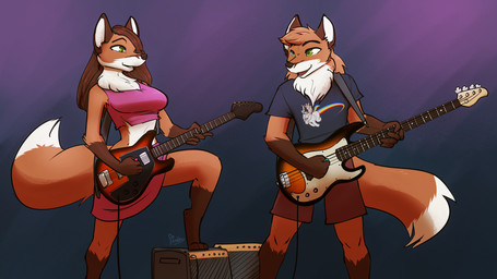 anthro bass_guitar duo electric_guitar female guitar male musical_instrument plucked_string_instrument string_instrument feretta jamesthefox jane_fox canid canine fox mammal 16:9 digital_media_(artwork) hi_res shaded widescreen brother_(lore) brother_and_sister_(lore) sibling_(lore) sister_(lore) twins_(lore)
