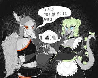abstract_background amber_eyes annoyed anthro black_bottomwear black_clothing black_crop_top black_legwear black_shirt black_skirt black_thigh_highs black_topwear blue_eyes bone_frill bottomwear breasts choker clothing collar crop_top cropped_sweater dialogue duo feathered_wings feathers female fingers frill_(anatomy) front_view frown gesture green_body grey_body grey_feathers grey_hair hair heart_gesture humanoid_hands jewelry legwear long_hair looking_at_viewer maid_uniform markings medium_breasts necklace non-mammal_breasts open_mouth open_smile profanity shirt short_tail skirt smile speech_bubble spiked_collar spiked_tail spikes spikes_(anatomy) standing striped_markings stripes tail talking_to_viewer text thigh_highs topwear uniform wings gothgator0 goodbye_volcano_high ko_op_(game_developer) fang_(gvh) stella_(gvh_beta) dinosaur ornithischian prehistoric_species pterosaur reptile scalie stegosaurian stegosaurus thyreophoran absurd_res english_text hi_res restricted_palette