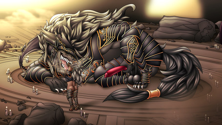 animal_genitalia animal_penis anthro anthro_dominating_human armor balls big_penis black_armor bodily_fluids breath butt canine_genitalia canine_penis cape clothing dominant duo extreme_french_kiss french_kissing genitals hair heavy_balls huge_penis human_on_anthro interspecies kissing knot larger_dom long_hair long_tongue male male/male penis ruins saliva sharp_teeth size_difference tail teeth tongue ahegarou elden_ring fromsoftware maliketh_(elden_ring) human mammal absurd_res hi_res