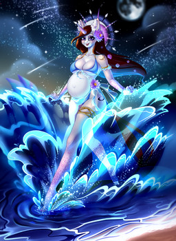 accessory anthro beach bikini breasts clothing cosmic_background cutie_mark female flower flower_in_hair flower_in_mane freckled_breasts freckles hair hair_accessory halo inner_ear_fluff jewelry plant pregnant sky smile smiling_at_viewer solo splash splashing_water star starry_background starry_sky swimwear tuft two-piece_swimsuit under_boob wave minamikoboyasy hasbro my_little_pony selune_darkeye absurd_res hi_res