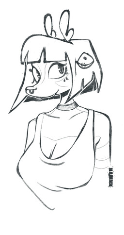 anthro big_breasts breasts cleavage clothed clothing ear_piercing female hair horn jewelry looking_at_viewer piercing short_hair smile solo bbravaa kimmy_(bbravaa) deer mammal absurd_res bust_portrait hi_res portrait sketch