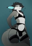 anthro black_body black_clothing black_fur blue_body bottomwear bra bulge clothed clothing crossdressing ear_piercing facial_piercing femboy fur garter_belt garter_straps gauged_ear grey_body grey_fur hair lace lace_bra lace_stockings legwear lingerie looking_at_viewer male navel navel_piercing nose_piercing open_mouth panties panty_bulge piercing pose simple_background smile solo sparkles stockings underwear waistband white_body white_fur bishopi odin_(wulframite) canid canine fish furred_marine furred_shark hybrid mammal manokit marine shark 2022 hi_res pinup