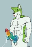 anthro balls big_penis black_nose bodily_fluids bottomless clothed clothing cum cum_on_penis cum_on_toy ejaculation erection fingers fur genital_fluids genitals green_body green_eyes green_fur hair looking_at_viewer male masturbation multicolored_penis muscular muscular_male nude one_eye_closed penetrable_sex_toy penetration penile penile_masturbation penis rainbow_penis sex sex_toy simple_background smile solo text tongue tongue_out white_body white_fur wink mrtwen fidget_the_fox canid canine fox mammal animated digital_media_(artwork) loop short_playtime signature