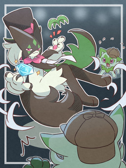 ambiguous_gender anthro bodily_fluids claws clothing emanata fangs feral fur gem green_body green_fur green_hair group hair hat headgear headwear open_mouth pawpads paws pink_eyes simple_background sparkles sweat sweatdrop teeth tongue top_hat trio nekogyo122 nintendo pokemon felid feline floragato generation_9_pokemon mammal meowscarada pokemon_(species) sprigatito 2023 3:4 absurd_res hi_res