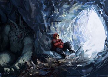 ambiguous_gender blep blizzard_(weather) cave claws clothing coat cold curly_hair duo eyeless fangs fur hair hiding huge_claws ice imminent_snu_snu imminent_snuggling long_ears male parka shaggy_fur size_difference teeth tongue tongue_out topwear white_body white_fur zarzaliel human humanoid mammal monster absurd_res hi_res