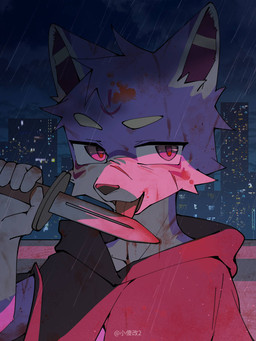 5_fingers anthro blood blood_on_face bodily_fluids building city city_background cjk_character cloak clothed clothed_anthro clothed_male clothing cloud dagger detailed_background fingers front_view fur holding_dagger holding_melee_weapon holding_object holding_weapon hood humanoid_hands kemono looking_aside male male_anthro melee_weapon night open_mouth outside raining sky solo tongue tongue_out urban weapon young young_anthro young_male toye2004 canid canine mammal 2025 3:4 bust_portrait digital_media_(artwork) hi_res portrait