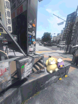 ambiguous_gender anthro car duo medium_truck purple_body text truck umbrella van vehicle yellow_body watawatakuro nintendo pokemon background_character drifloon generation_1_pokemon generation_4_pokemon human mammal pokemon_(species) psyduck spirit 2025 3:4 hi_res japanese_text