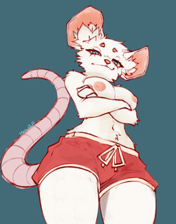 anthro blue_eyes bottomwear breasts clothed clothing crossed_arms female fur looking_at_viewer looking_down low-angle_view medium_breasts nipples shorts solo standing tail topless topless_female white_body white_fur worm's-eye_view manustuff mammal mouse murid murine rodent hi_res