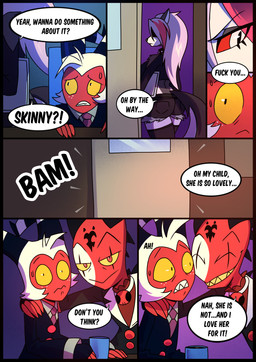 2_horns anthro beverage black_border black_clothing black_legwear black_thigh_highs border clothed clothed_anthro clothed_female clothed_humanoid clothed_male clothing dialogue eyelashes female freckled_face freckles fur furniture grey_body grey_fur grey_hair hair horn legwear long_eyelashes male multicolored_body multicolored_fur multicolored_hair piercing pink_hair red_sclera smile speech_bubble table tea tear_trough text thigh_highs tuft two_tone_body two_tone_fur two_tone_hair white_body white_eyes white_fur white_hair yellow_sclera kato777 hellaverse helluva_boss mythology blitzo_(helluva_boss) loona_(helluva_boss) moxxie_(helluva_boss) canid canid_demon canine demon hellhound humanoid imp mammal mythological_canine mythological_creature absurd_res comic english_text hi_res adopted_(lore) adopted_daughter_(lore) adoptive_father_(lore)