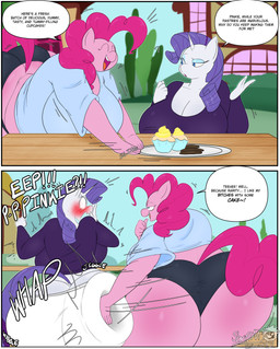 2_panel_comic anthro assertive_female big_breasts big_butt blush bottomwear breasts butt butt_cleavage butt_jiggle butt_slap butt_smack cleavage clothed clothing cupcake detailed_background dialogue duo female female/female food hair horn huge_breasts huge_butt hyper hyper_butt jiggling overweight overweight_female pink_body pink_hair profanity purple_hair shocked shorts slap spanking speech_bubble text thick_thighs white_body masterj291 friendship_is_magic hasbro my_little_pony mythology pinkie_pie_(mlp) rarity_(mlp) earth_pony equid equine horse mammal mythological_creature mythological_equine pony unicorn 2026 comic english_text hi_res
