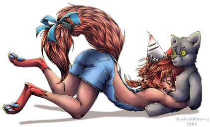 4_toes accessory barefoot bow_(feature) bow_accessory bow_ribbon brown_hair button_(fastener) button_eyes claws clothed clothing ear_piercing eyes_closed feet fur furgonomics hair happy holding_object holding_toy hug inner_ear_fluff male open_mouth open_smile overalls piercing plushie raised_tail red_body red_fur ribbons side_view simple_background smile solo tail tail_accessory tail_bow tail_ribbon tan_body tan_skin toes toy tuft white_background toshaviktory animal_humanoid canid canine canis domestic_dog fox humanoid mammal wolf 2017 smaller_version_at_source