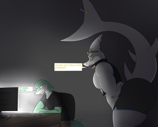 anthro barbell_piercing big_butt butt clothed clothing computer countershading dialogue duo electronics eyewear fin fin_piercing fin_ring furgonomic_piercing furgonomics glasses green_body grey_body male male/male muscular muscular_anthro muscular_male notched_fin piercing shirt simple_background tail tail_piercing text topwear white_body wide_hips yellow_eyes photolol.03 flexet_(photolol.03) john_(photolol.03) aquatic fish shark english_text hi_res