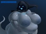 belly big_belly big_breasts breasts female huge_breasts morbidly_obese navel nipples non-mammal_nipples not_furry nude obese one_eye_closed overweight solo wink yosioka_san vait ghost spirit 4:3 absurd_res black_and_blue hi_res monochrome