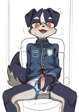 adolescent anthro balls_outline blush blush_lines bodily_fluids bulge claws clothed clothing cute_fangs detailed_bulge erection fangs finger_claws fluffy fluffy_tail folded_ears foreskin fur genital_fluids genital_outline genitals heart_eyes heart_symbol humanoid_genitalia jacket kemono looking_at_viewer male multicolored_body multicolored_fur orange_eyes pantless_anthro pantsless pantsless_male penis precum sitting slim slim_anthro slim_male solo sweat sweatdrop tail teeth topwear young young_anthro young_male ikiyok canid canine canis domestic_dog mammal absurd_res hi_res