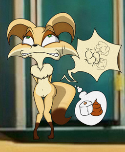 anthro anus chest_fur clenched_teeth desperation feces female fur genitals green_eyes poop_desperation solo tan_body tan_fur teeth thought_bubble toilet_paper vulva blpanda popy canid canine fennec_fox fox mammal true_fox hi_res