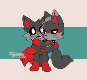 anthro black_body black_fur carrying_another collar duo fur grey_body grey_fur male male/male multicolored_body multicolored_fur red_body red_fur spiked_collar spikes anonymous_artist mob_entertainment poppy_playtime smiling_critters velour_(elchi1vo) velvety_(elchi1vo) canid canine canis mammal wolf hi_res brother_(lore) brothers_(lore) sibling_(lore) twins_(lore)