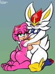 amy_rose anthro areola bedroom_eyes blep breasts butt cinderace colored crossover duo eulipotyphlan female female/female generation_8_pokemon genitals hedgehog hi_res looking_at_viewer looking_back looking_back_at_viewer mammal narrowed_eyes nintendo nipples nude pokemon pokemon_(species) protagon pussy seductive sega signature simple_background sonic_the_hedgehog_(series) tongue tongue_out white_body