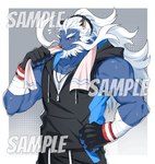 after_exercise anthro beard black_clothing blue_body bodily_fluids bottomwear clothing facial_hair hair hoodie_vest male muscular muscular_male mustache ponytail shorts simple_background solo sweat sweatdrop towel white_hair laiweitui nintendo pokemon generation_5_pokemon pokemon_(species) samurott hi_res