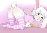 anthro anus ass_up blue_eyes blush bottomless butt clitoris clothed clothing female fur genitals hair legwear looking_at_viewer pillow pussy solo white_body white_fur white_hair young young_anthro y0dare lagomorph leporid mammal rabbit