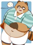 anthro belly blush bottomwear brown_body clothing humanoid_hands kemono male navel overweight overweight_male rugby rugby_ball shirt shorts simple_background solo topwear nakidori218 canid canine mammal raccoon_dog tanuki 2022 3:4 hi_res