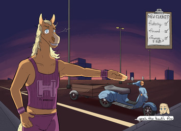 anthro clipboard clothed clothing dialogue duo female fur hair male moped smile smiling_at_viewer text vehicle wristband lost_andsafe halcyon_(series) sunflower_(halcyon) walker_(halcyon) equid equine horse lagomorph leporid mammal rabbit 2025 absurd_res comic digital_media_(artwork) english_text hi_res