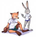 anthro bodily_fluids bottomwear clock clothing duo female male shorts simple_background sweat sweatdrop white_background paulgq disney zootopia judy_hopps nick_wilde canid canine fox lagomorph leporid mammal rabbit red_fox true_fox