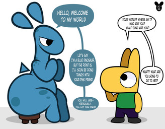 ambiguous_gender answer anthro big_butt biped black_eyes blue_body blue_bottomwear blue_clothing blue_pants blue_speech_bubble bottomwear butt chair clothed clothing dialogue duo eyebrows footwear furniture green_clothing green_shirt green_topwear greeting huge_butt looking_at_another on_chair pants question question_mark shirt shoes sitting sitting_on_chair speech_bubble standing tail talking_to_another text thick_thighs toony topwear white_sclera white_text wide_hips yellow_body luanctoons luan_(luanctoons) dinosaur prehistoric_species reptile scalie 2025 absurd_res digital_media_(artwork) english_text hi_res