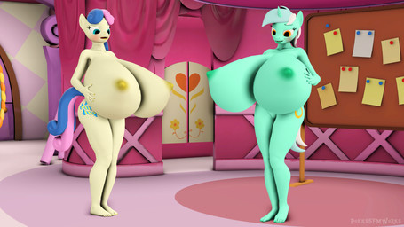 anthro big_breasts blush breasts duo female genitals holding_breast horn huge_breasts hyper hyper_breasts nipples nude vulva pinkierawr friendship_is_magic hasbro my_little_pony mythology bonbon_(mlp) lyra_heartstrings_(mlp) equid equine mammal mythological_creature mythological_equine unicorn 16:9 3d_(artwork) digital_media_(artwork) hi_res widescreen