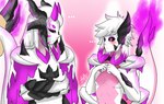 anthro begging convenient_censorship crossed_arms duo ellipsis female fire flaming_tail floppy_ears hair horn looking_up male male/female pink_body purple_eyes shy simple_background tail touching_hand white_body white_hair wings jvbax milo_the_chimera mylora hybrid digital_media_(artwork) shaded