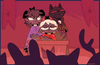 2_horns 3_eyes ambiguous_anthro ambiguous_gender anthro bell bell_collar black_body black_fur clothed clothed_anthro clothing collar fur group horn multi_eye red_eyes silhouette trio_focus rubyfunkey cult_of_the_lamb massive_monster_(studio) goat_(cult_of_the_lamb) lamb_(cult_of_the_lamb) narinder bovid caprine domestic_cat felid feline felis goat mammal sheep 2024 digital_drawing_(artwork) digital_media_(artwork) hi_res